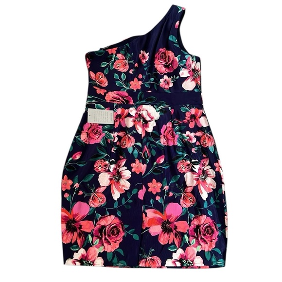 NWT Eliza J Blue Pink Green Floral One Shoulder Sheath Dress Size 14 - Picture 6 of 12